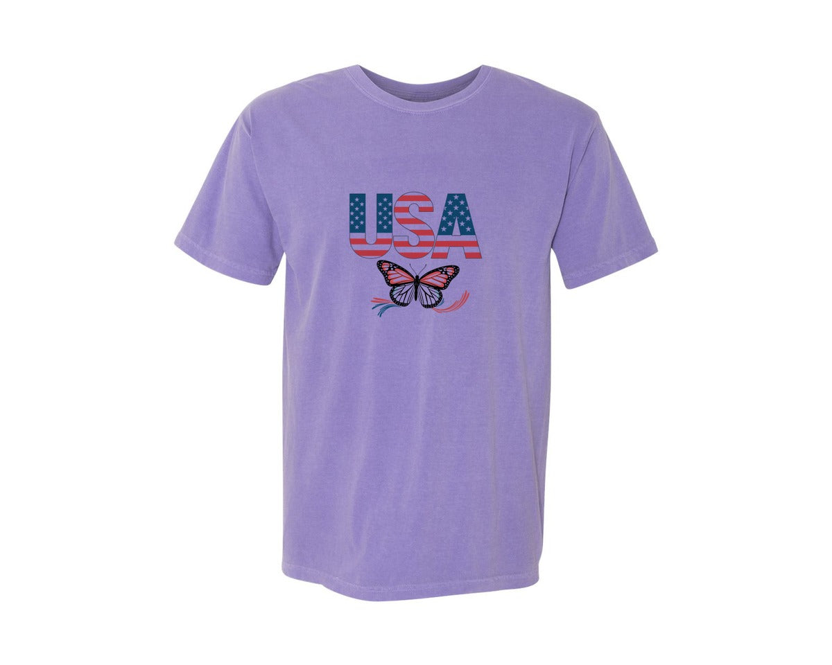 brand:Comfort Colors|color:Violet|Usa Butterfly Patriotic Graphic T-Shirt