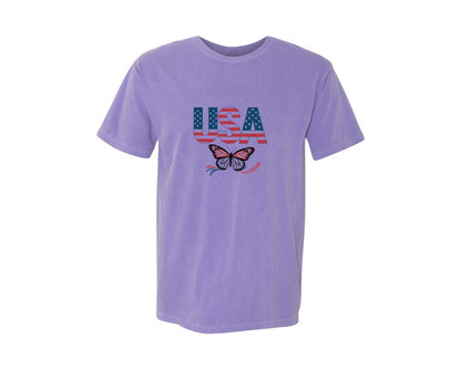 brand:Comfort Colors|color:Violet|Usa Butterfly Patriotic Graphic T-Shirt