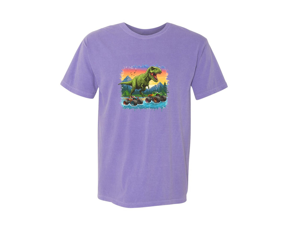 brand:Comfort Colors|color:Violet|Dinosaur Monster Truck T Rex Graphic T-Shirt