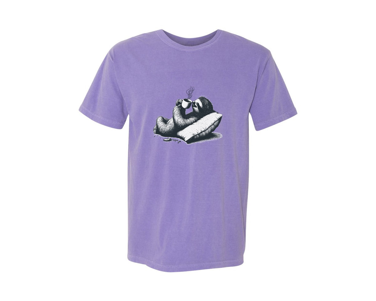 brand:Comfort Colors|color:Violet|Sloth Lying And Drink Coffee Shirt Graphic T-Shirt