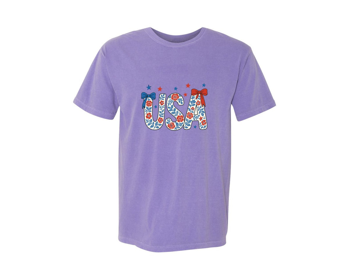brand:Comfort Colors|color:Violet|Floral Coquette Usa Retro America 3 Graphic T-Shirt