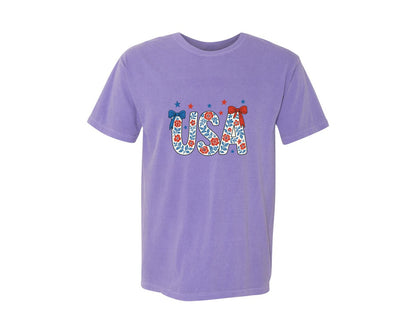 brand:Comfort Colors|color:Violet|Floral Coquette Usa Retro America 3 Graphic T-Shirt
