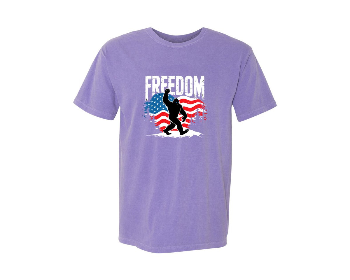 brand:Comfort Colors|color:Violet|Freedom Bigfoot Usa Flag 4Th Of July Graphic T-Shirt