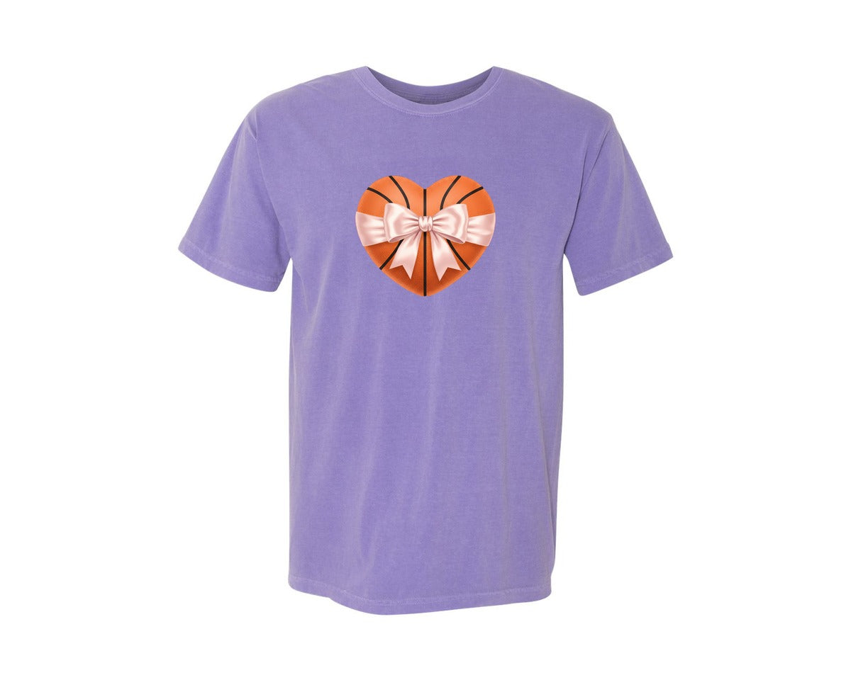 brand:Comfort Colors|color:Violet|Heart Shape Basketball Coquette Bow Graphic T-Shirt