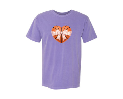 brand:Comfort Colors|color:Violet|Heart Shape Basketball Coquette Bow Graphic T-Shirt