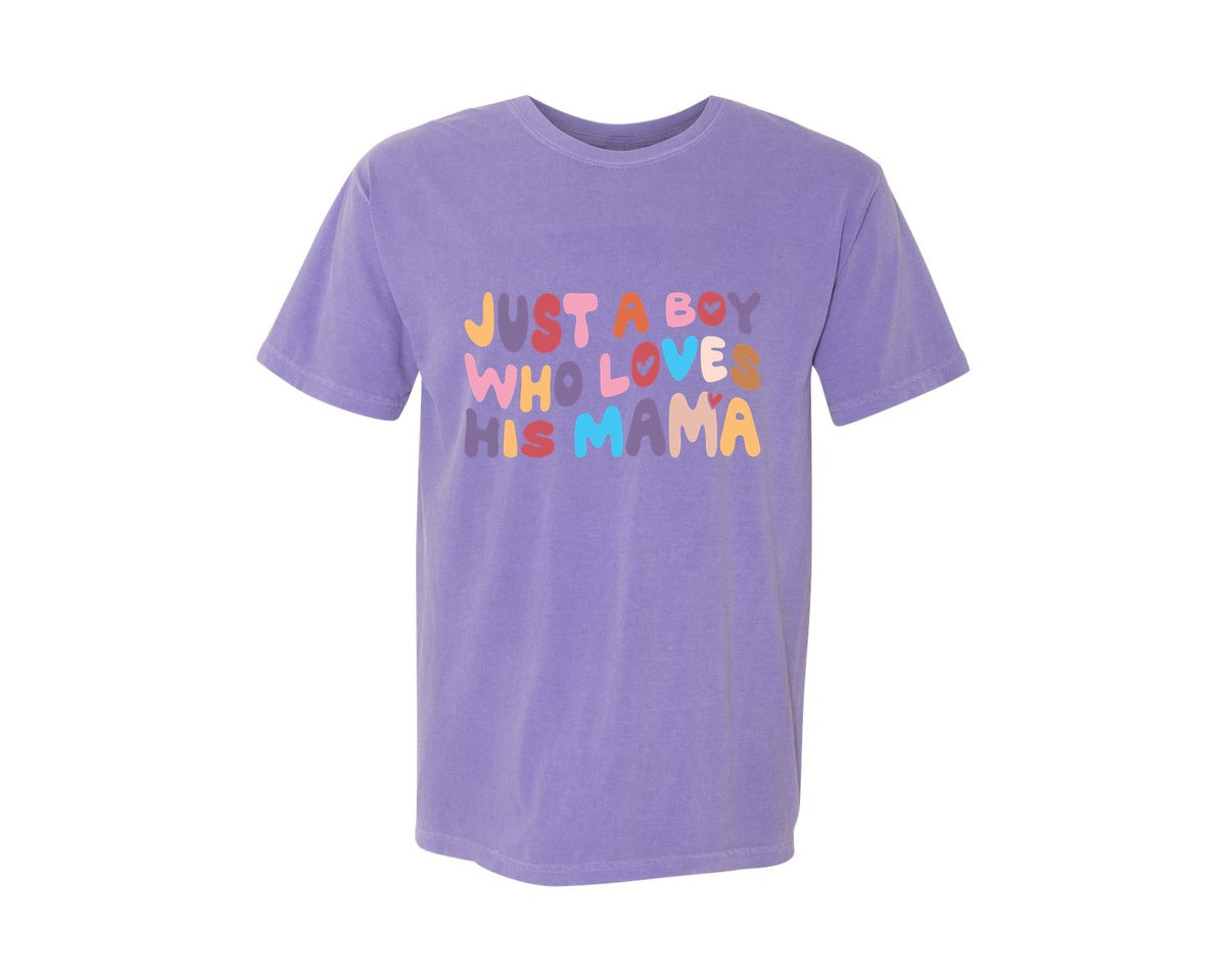 brand:Comfort Colors|color:Violet|Just A Boy Who Loves His Mama 14 Graphic T-Shirt