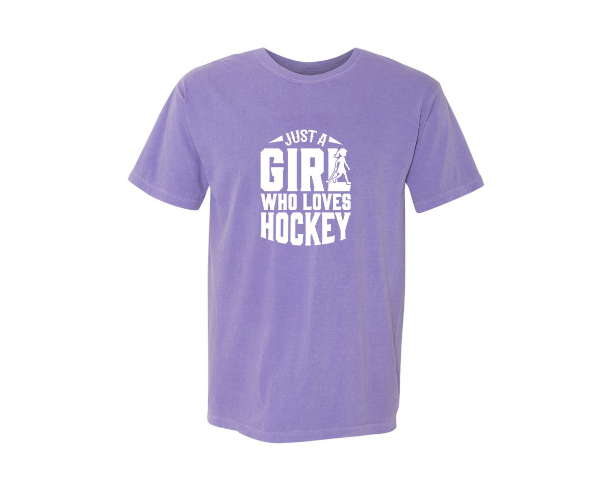 brand:Comfort Colors|color:Violet|Girl Who Loves Hockey Hockey Graphic T-Shirt