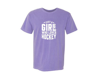 brand:Comfort Colors|color:Violet|Girl Who Loves Hockey Hockey Graphic T-Shirt
