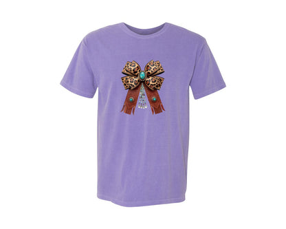 brand:Comfort Colors|color:Violet|Western Leopard Bow Coquette Cowgirl 2 Graphic T-Shirt