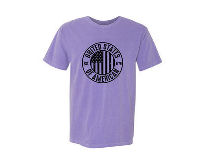 brand:Comfort Colors|color:Violet|United States Of America Patriotic Graphic T-Shirt