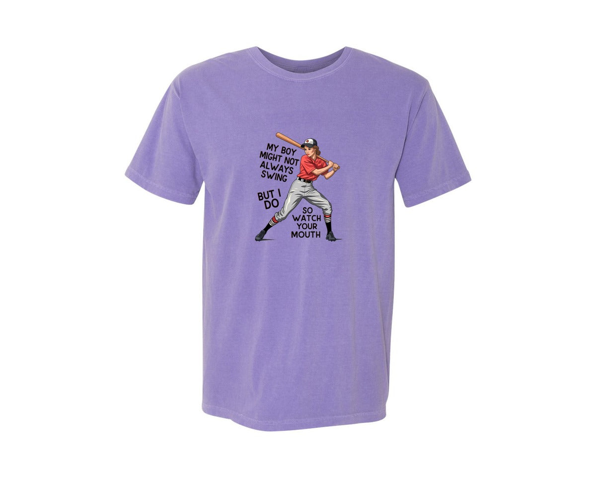 brand:Comfort Colors|color:Violet|Baseball Mom Funny Softball 3 Graphic T-Shirt