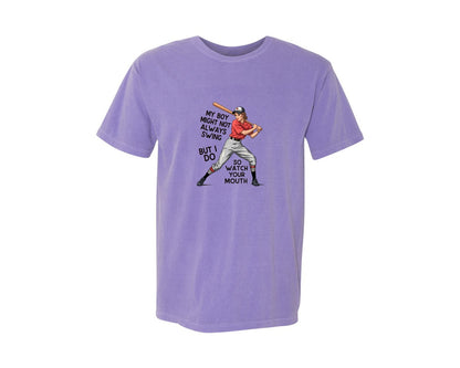 brand:Comfort Colors|color:Violet|Baseball Mom Funny Softball 3 Graphic T-Shirt
