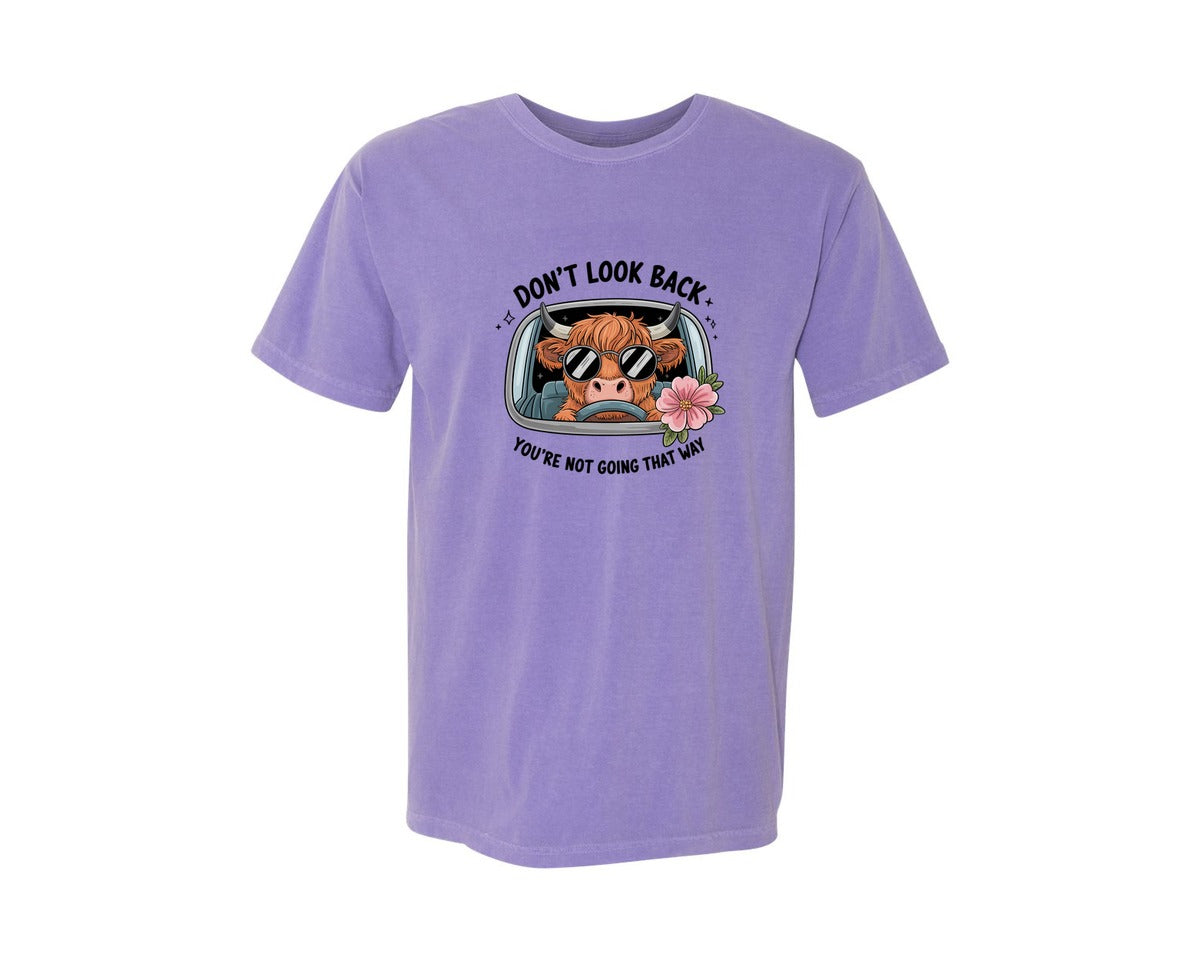 brand:Comfort Colors|color:Violet|Highland Cow Dont Look Back Quote Graphic T-Shirt