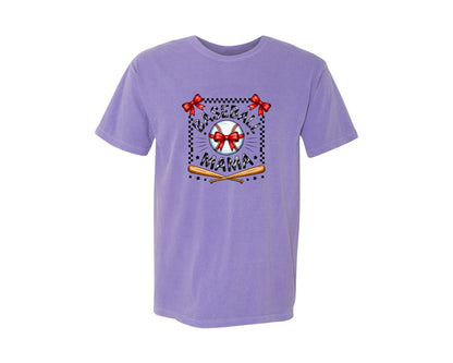 brand:Comfort Colors|color:Violet|Retro Baseball Mama Checkered 7 Graphic T-Shirt