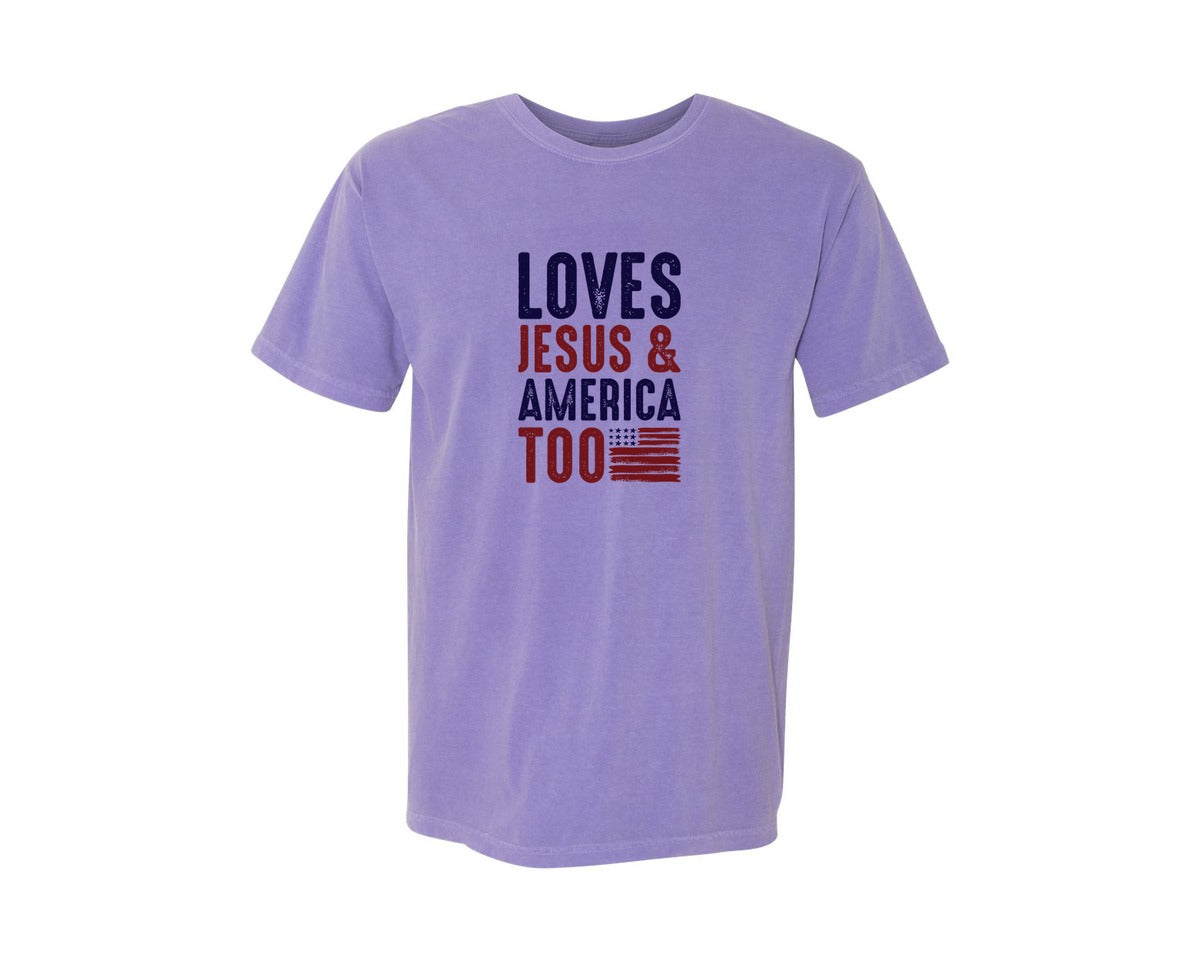 brand:Comfort Colors|color:Violet|Loves Jesus And America Too Jesus Graphic T-Shirt
