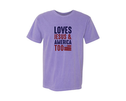 brand:Comfort Colors|color:Violet|Loves Jesus And America Too Jesus Graphic T-Shirt
