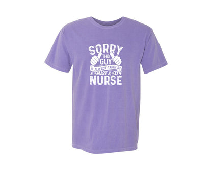 brand:Comfort Colors|color:Violet|Sorry This Guy Is Career T Shirt Graphic T-Shirt