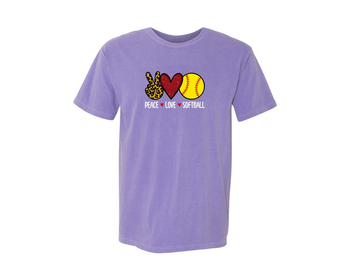 brand:Comfort Colors|color:Violet|Peace Love Softball T Shirt Graphic T-Shirt