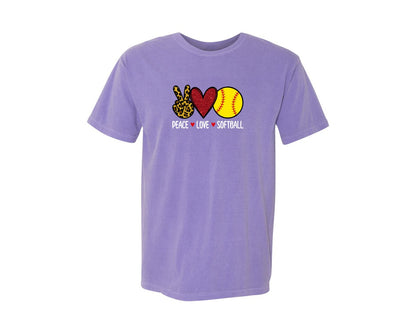 brand:Comfort Colors|color:Violet|Peace Love Softball T Shirt Graphic T-Shirt