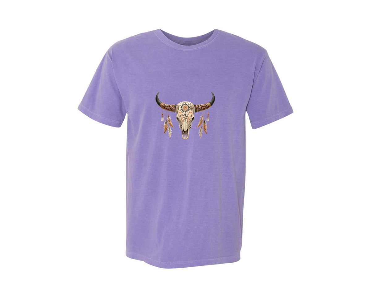 brand:Comfort Colors|color:Violet|Western Bull Skull Aztec Boho Longhorn 2 Graphic T-Shirt