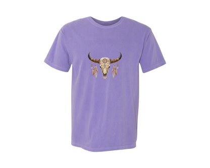 brand:Comfort Colors|color:Violet|Western Bull Skull Aztec Boho Longhorn 2 Graphic T-Shirt