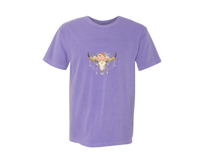 brand:Comfort Colors|color:Violet|Rose Flowers Western Bull Skull Longhorn 5 Graphic T-Shirt