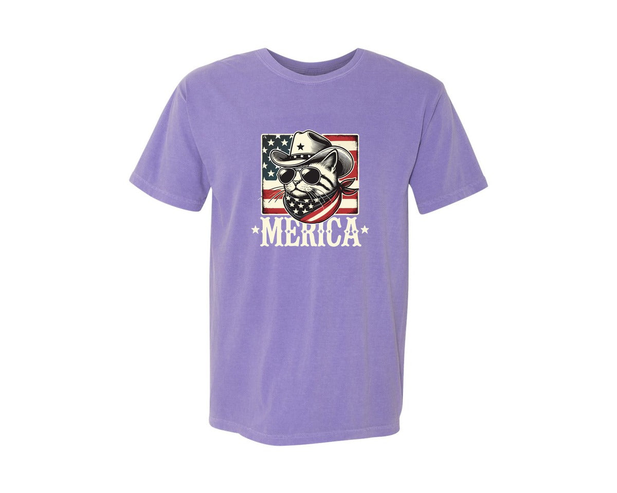 brand:Comfort Colors|color:Violet|Merica Cat Patriotic Cowboy Cat Graphic T-Shirt