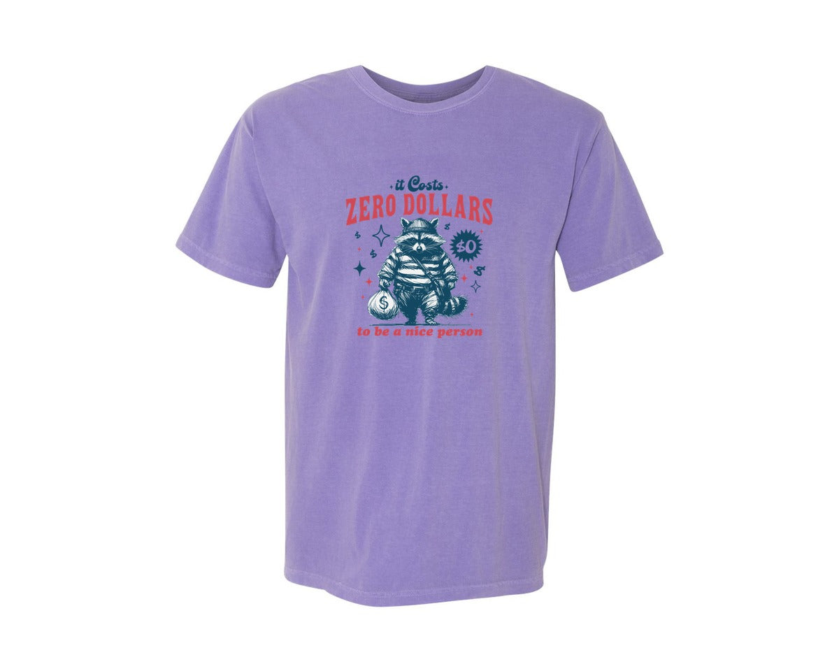 brand:Comfort Colors|color:Violet|Zero Dollars Be A Nice Person Raccoon Graphic T-Shirt