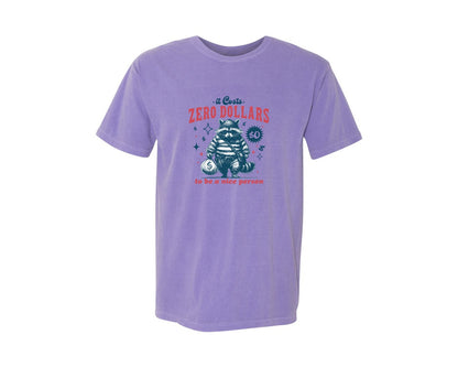 brand:Comfort Colors|color:Violet|Zero Dollars Be A Nice Person Raccoon Graphic T-Shirt