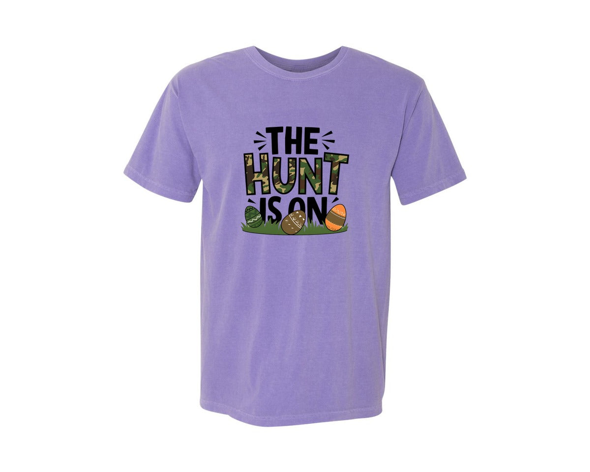 brand:Comfort Colors|color:Violet|The Hunt Is On Camo Easter Egg Camo Graphic T-Shirt
