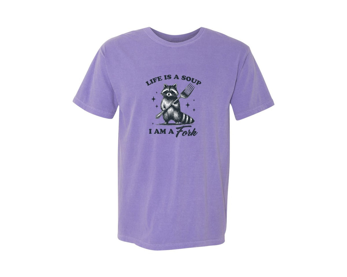 brand:Comfort Colors|color:Violet|Life Is A Soup I Am A Fork Raccoon Shirt Graphic T-Shirt