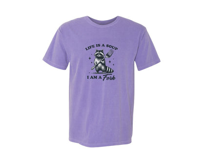 brand:Comfort Colors|color:Violet|Life Is A Soup I Am A Fork Raccoon Shirt Graphic T-Shirt