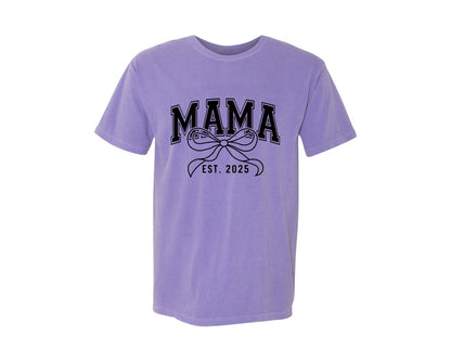 brand:Comfort Colors|color:Violet|Mama Bow Varsity Graphic T-Shirt