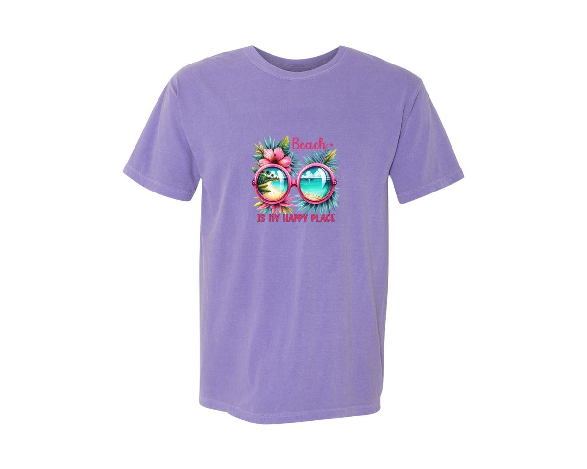 brand:Comfort Colors|color:Violet|Beach Is My Happy Place Summer Graphic T-Shirt