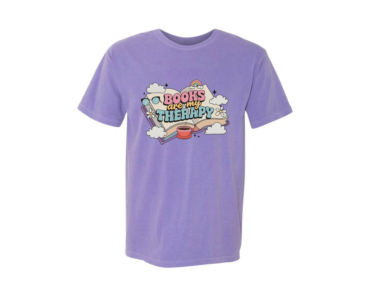 brand:Comfort Colors|color:Violet|Books Are My Therapy Graphic T-Shirt