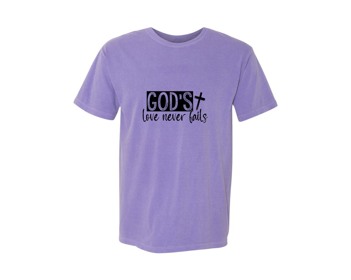 brand:Comfort Colors|color:Violet|Gods Love Never Fails Sleeve Design 2 Graphic T-Shirt