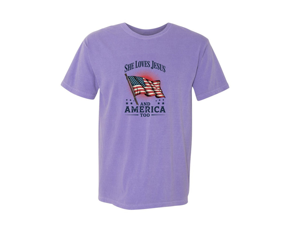 brand:Comfort Colors|color:Violet|She Loves Jesus And America Too Shirt 2 Graphic T-Shirt