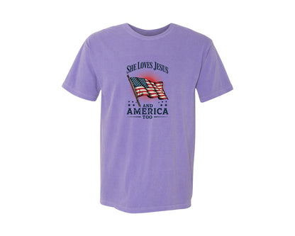 brand:Comfort Colors|color:Violet|She Loves Jesus And America Too Shirt 2 Graphic T-Shirt