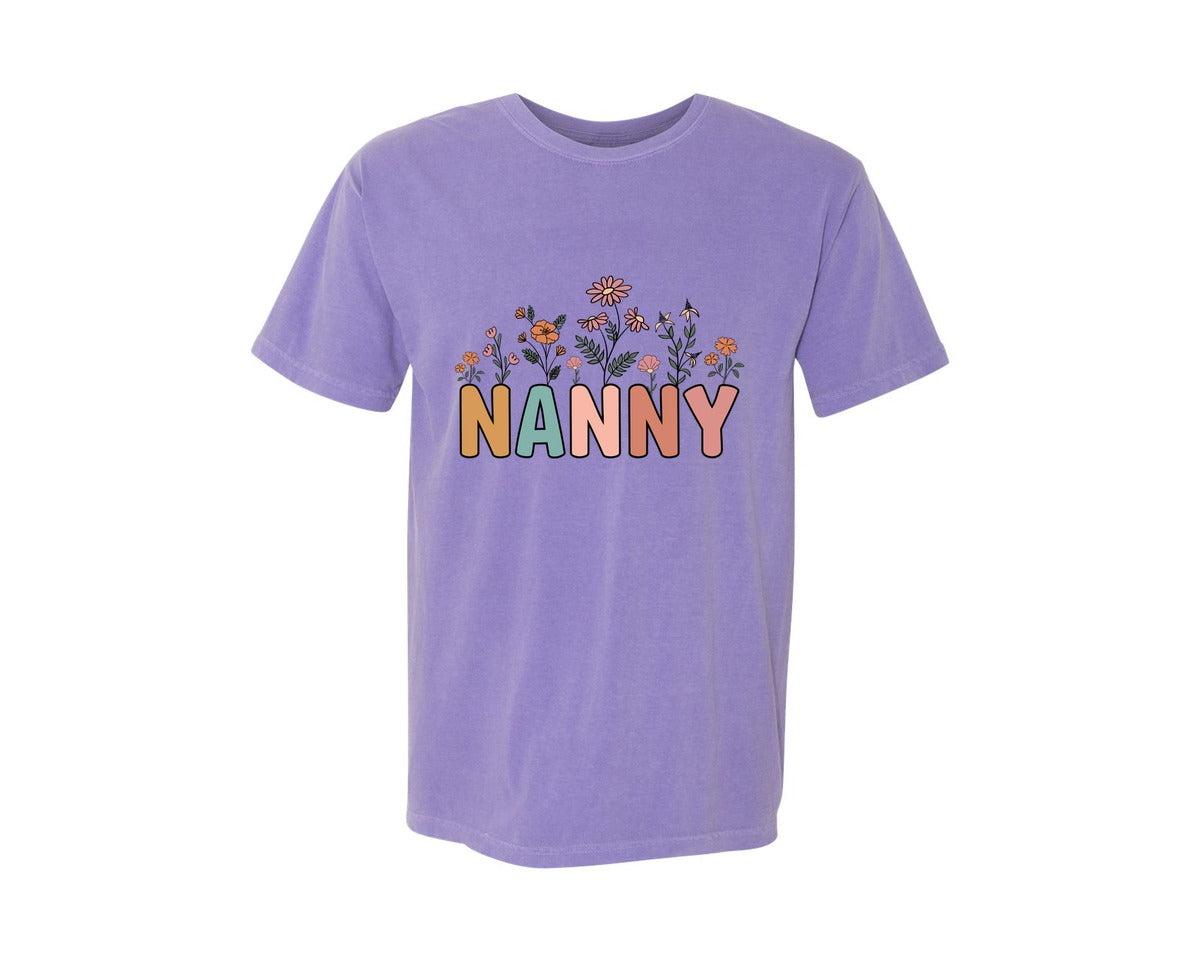 brand:Comfort Colors|color:Violet|Floral Nanny Design Graphic T-Shirt