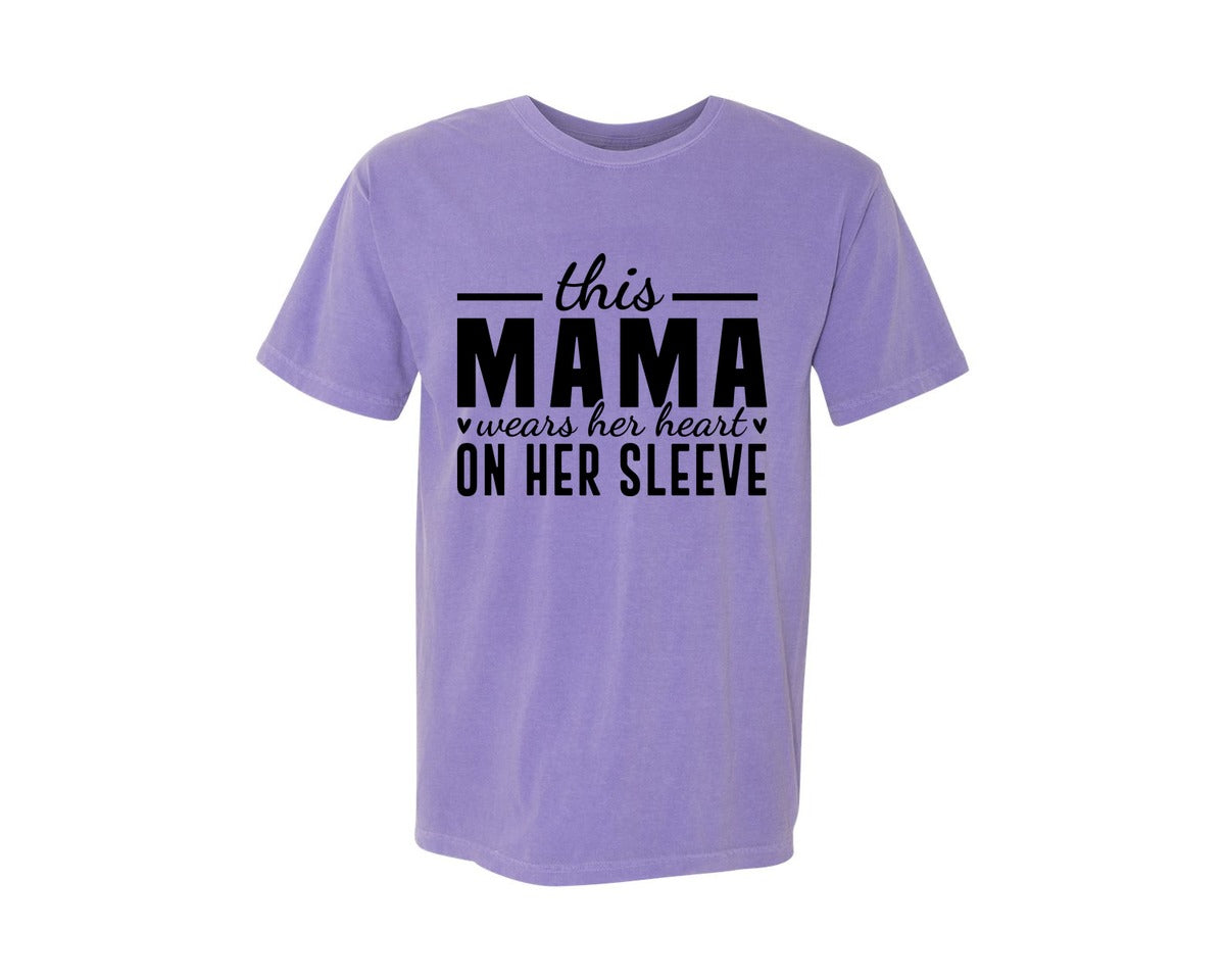 brand:Comfort Colors|color:Violet|This Mama Wears Her Heart On Her Sleeve 77 Graphic T-Shirt