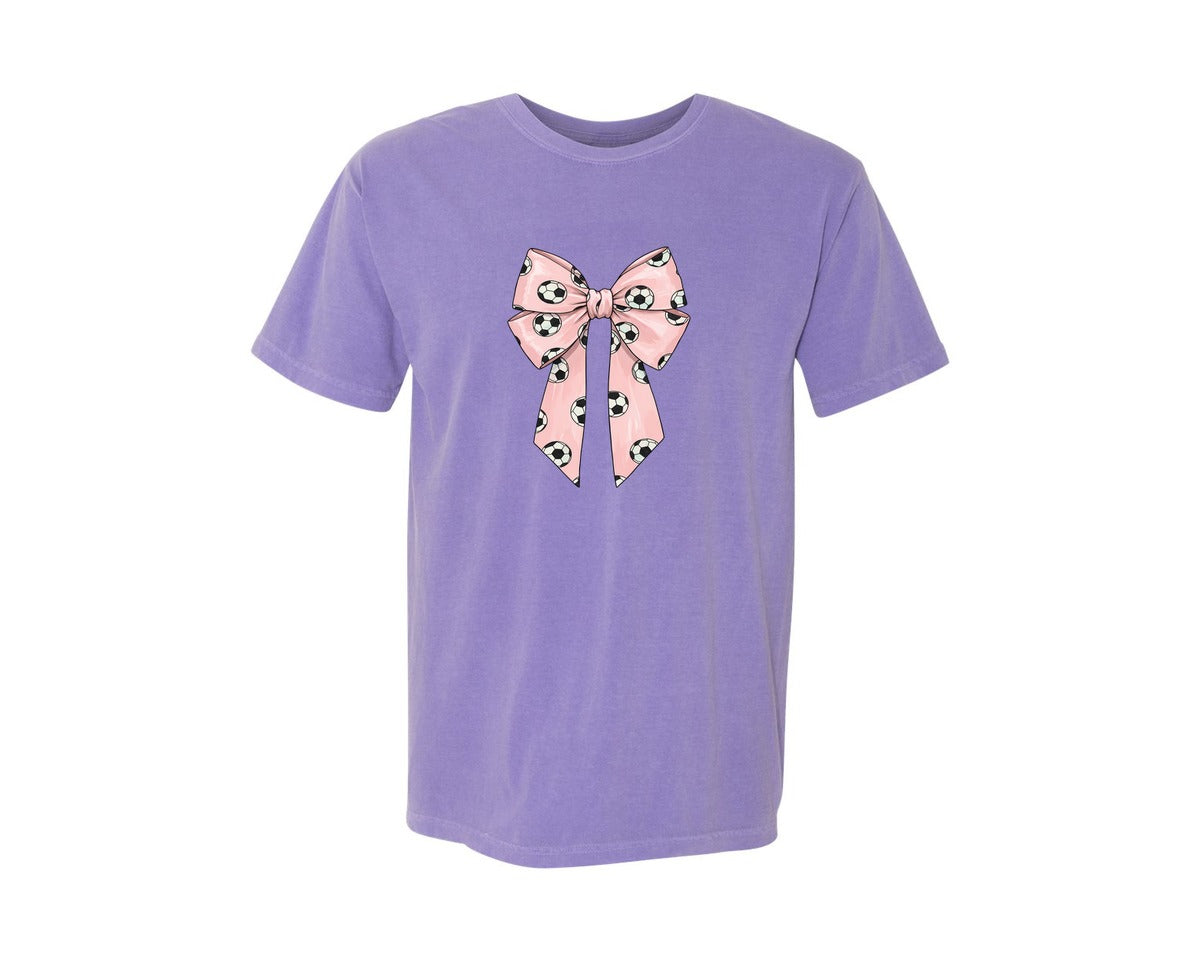 brand:Comfort Colors|color:Violet|Soccer Pattern Coquette Bow Graphic T-Shirt