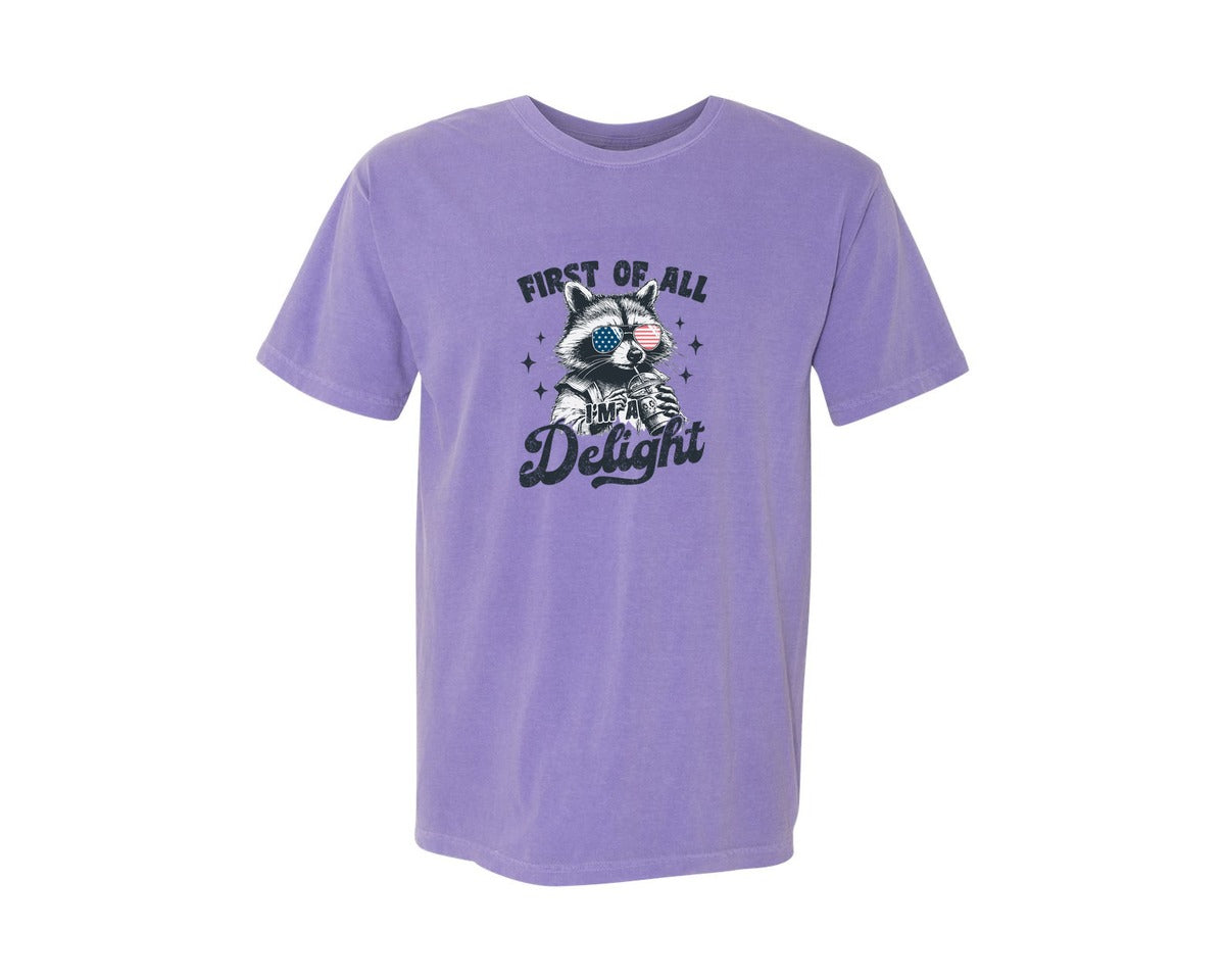 brand:Comfort Colors|color:Violet|First Of All Im A Delight Funny Raccoon 3 Graphic T-Shirt