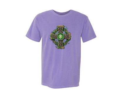 brand:Comfort Colors|color:Violet|Celtic Cross With Shamrocks Irish Graphic T-Shirt