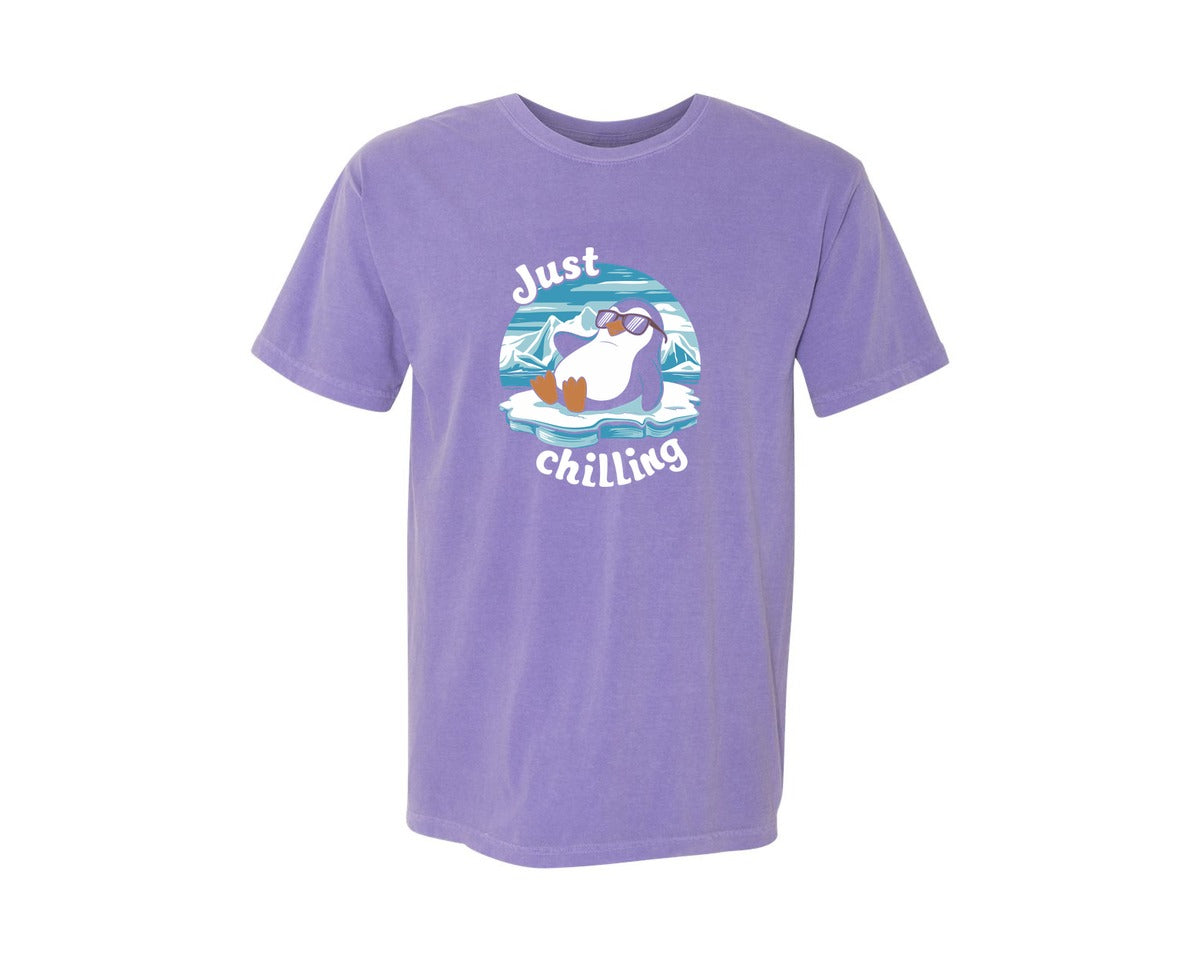 brand:Comfort Colors|color:Violet|Just Chilling Penguin Pun Relaxed Vibes Graphic T-Shirt