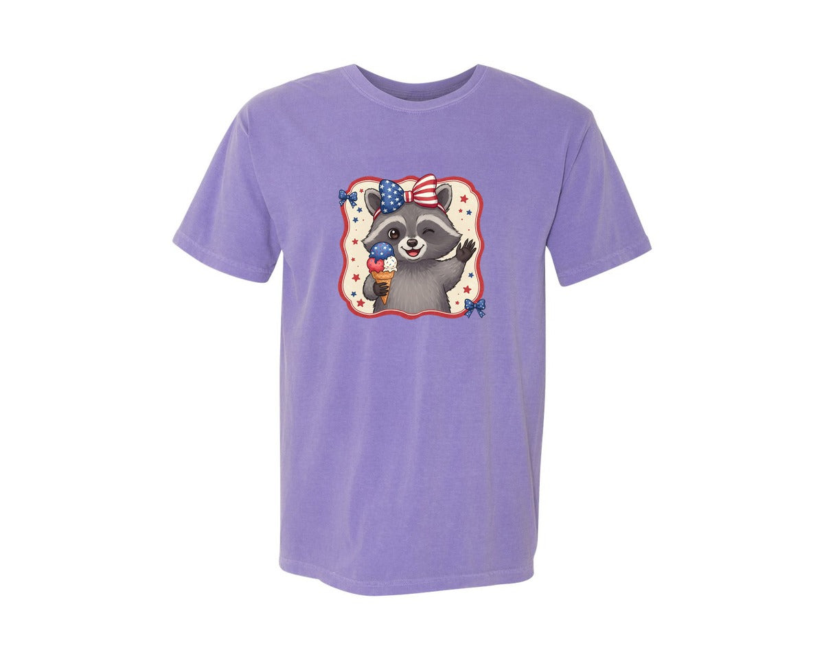 brand:Comfort Colors|color:Violet|Patriotic Raccoon Ice Cream Bow 4Th Graphic T-Shirt