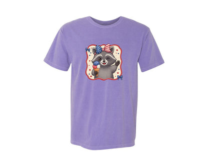 brand:Comfort Colors|color:Violet|Patriotic Raccoon Ice Cream Bow 4Th Graphic T-Shirt