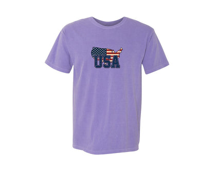 brand:Comfort Colors|color:Violet|America Usa Map 4Th Of July Patriotic Graphic T-Shirt
