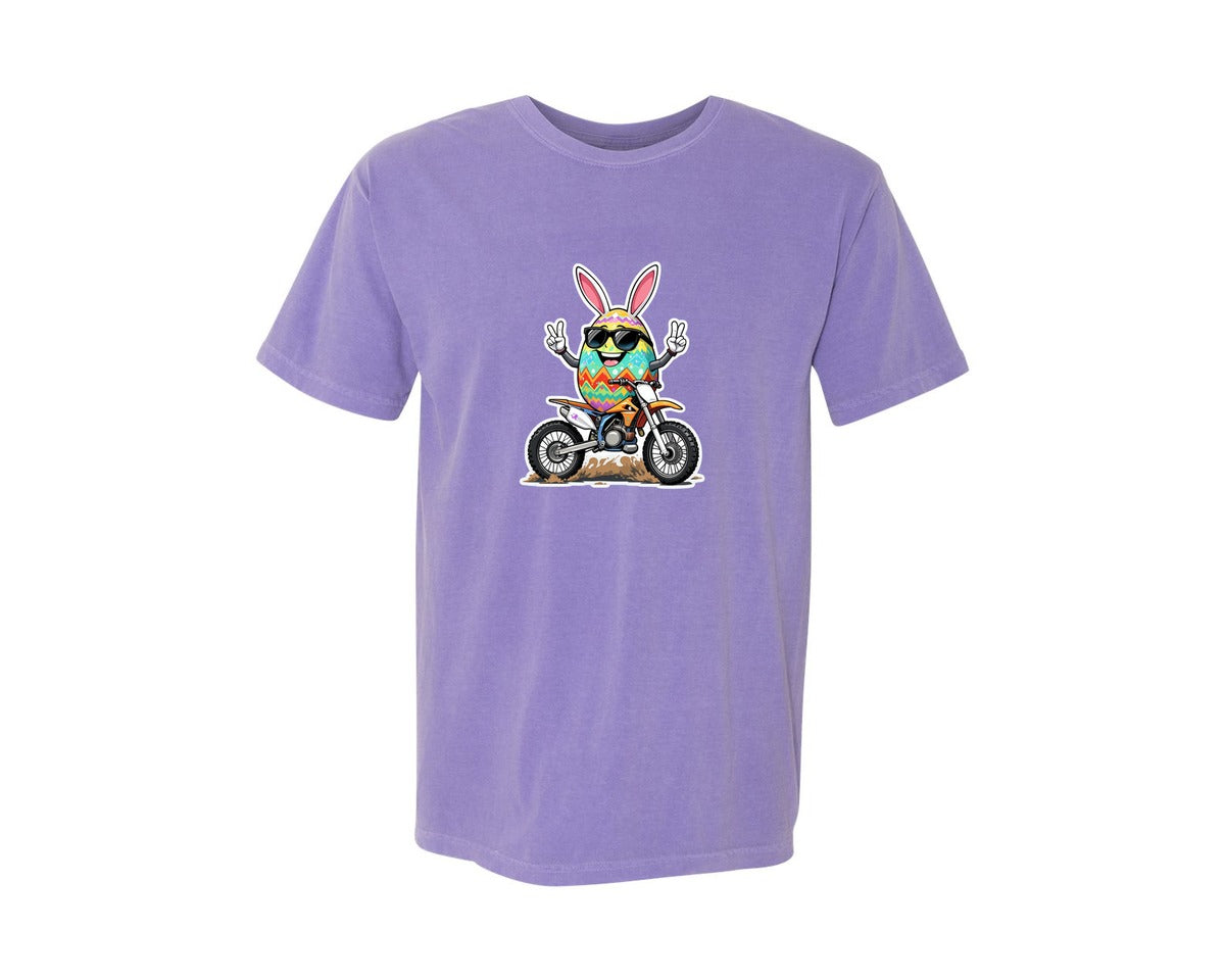 brand:Comfort Colors|color:Violet|Egg Bunny On Motorbike T Shirt Design Graphic T-Shirt