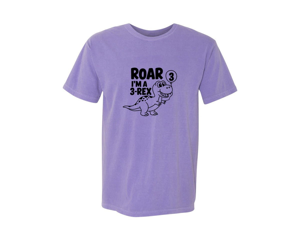brand:Comfort Colors|color:Violet|3 Rex Dinosaur Birthday Graphic T-Shirt