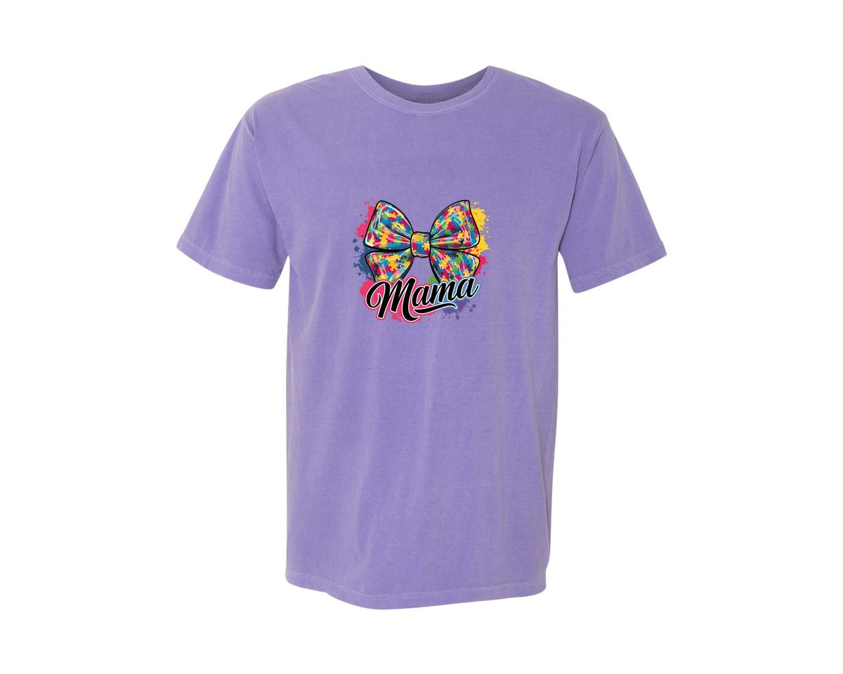 brand:Comfort Colors|color:Violet|Autism Mama Colorful Puzzle Bow Art Graphic T-Shirt